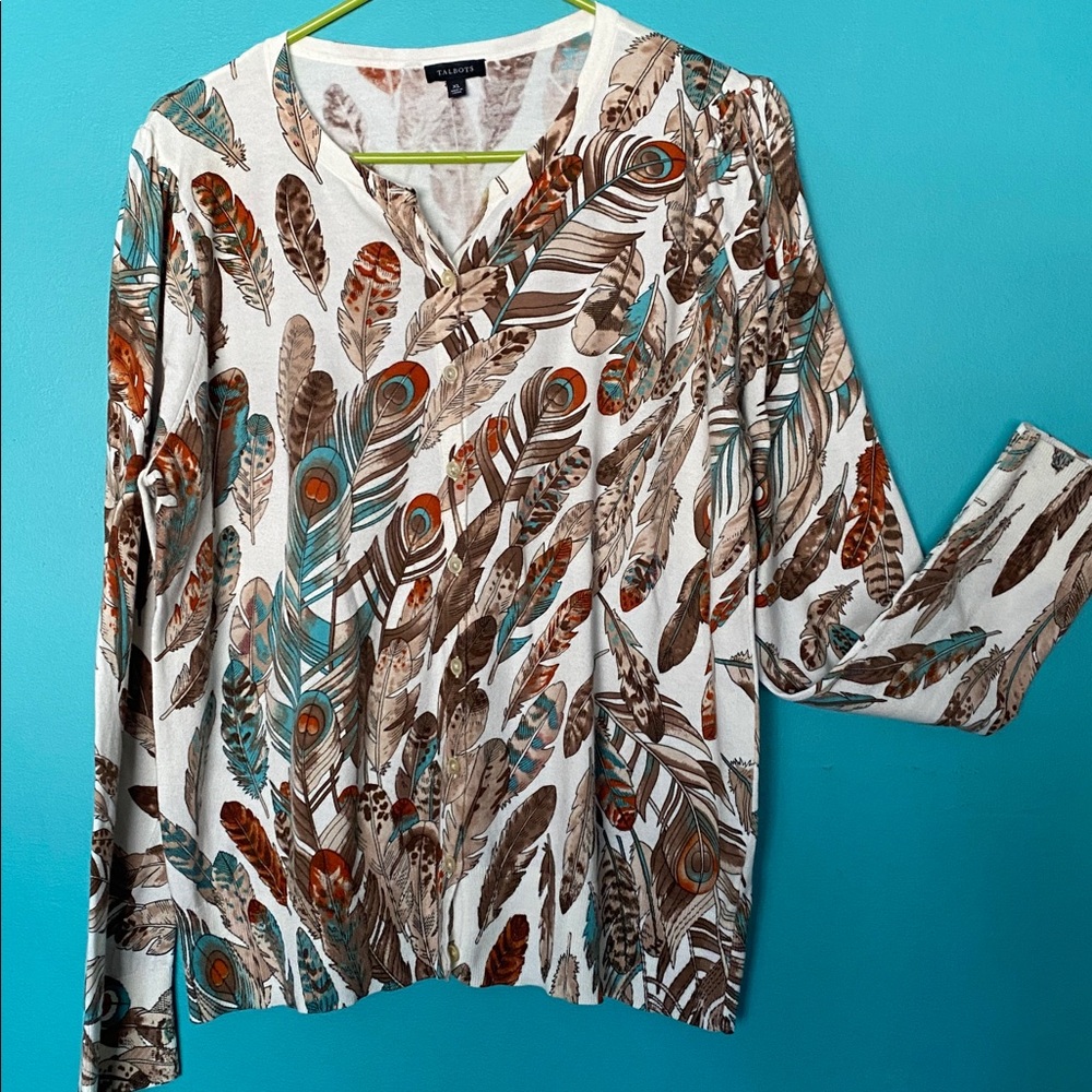Talbots Feather Printed Cardigan Sweater XL